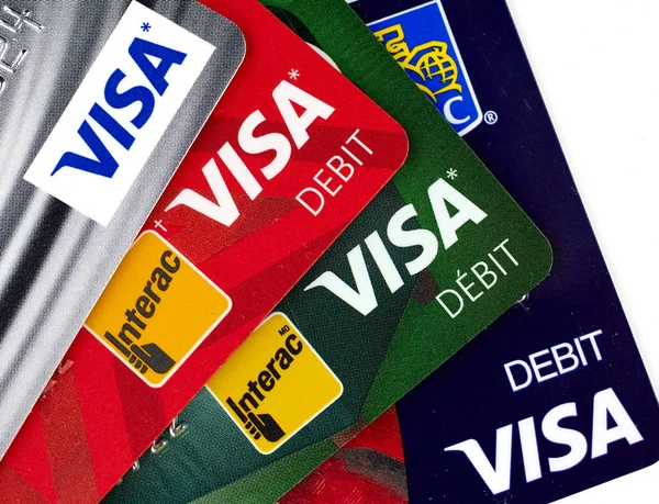 Montreal Canada September 2018 Visa Plastic Payment Cards Different Canadian — Stock Photo, Image