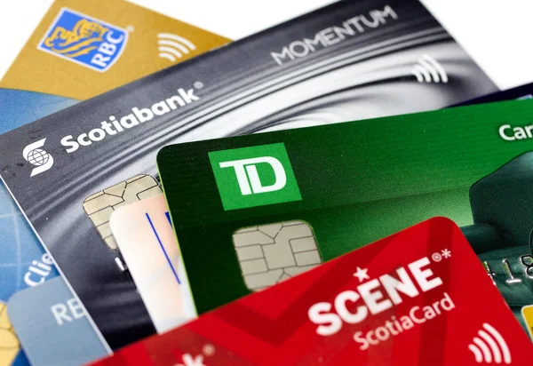 Montreal Canada September 2018 Credit Cards Different Canadian Banks Scotiabank — Stock Photo, Image