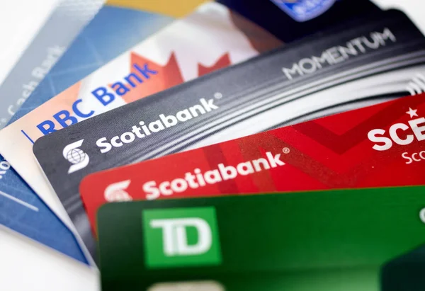 Montreal Canada September 2018 Credit Cards Different Canadian Banks Scotiabank — Stock Photo, Image