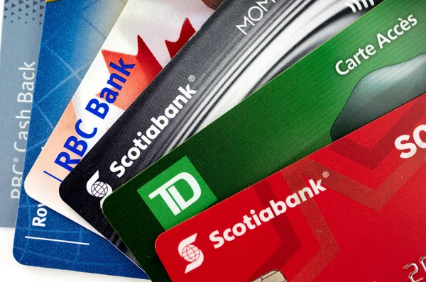 Montreal Canada September 2018 Credit Cards Different Canadian Banks Scotiabank — Stock Photo, Image