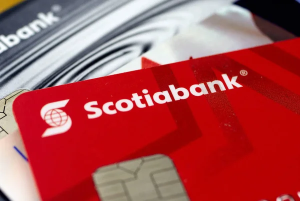 Montreal Canada September 2018 Scotiabank Credit Cards Close Picture Bank — Stock Photo, Image