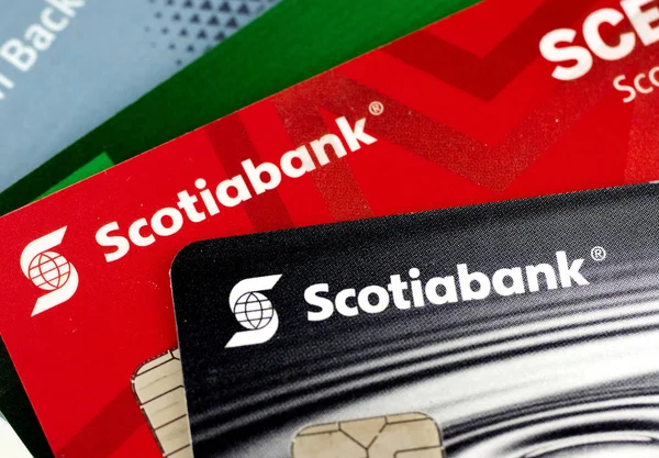 Montreal Canada September 2018 Scotiabank Credit Cards Close Picture Bank — Stock Photo, Image