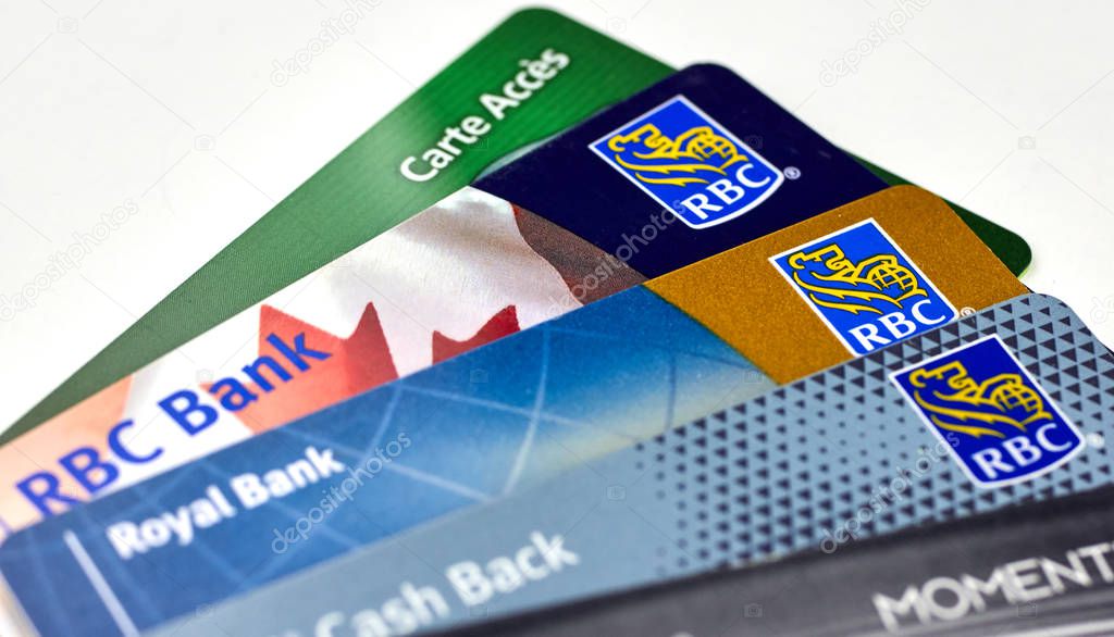 MONTREAL, CANADA - SEPTEMBER 21, 2018: Royal Bank of Canada plastic payment cards. The Royal Bank of Canada is a Canadian largest bank in Canada