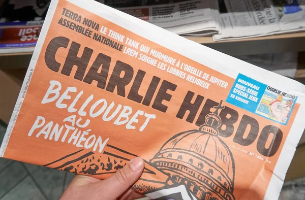 Montreal Kanada September 2018 Charlie Hebdo Zeitung Der Hand Charlie — Stockfoto