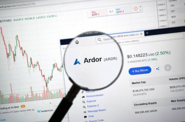 Montreal, Kanada - 8 Eylül 2018: Şevk altcoin sitesi büyüteç altında. Blockchain şifreleme kullanılarak bağlanan kayıtları artan bir listesidir.