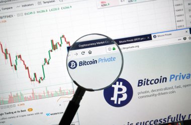 Montreal, Kanada - 8 Eylül 2018: Bitcoin özel altcoin sitesi büyüteç altında. Blockchain şifreleme kullanılarak bağlanan kayıtları artan bir listesidir.