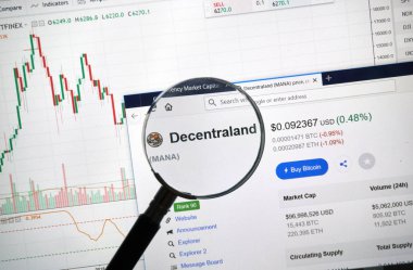 Montreal, Kanada - 8 Eylül 2018: Decentraland altcoin sitesi büyüteç altında. Blockchain şifreleme kullanılarak bağlanan kayıtları artan bir listesidir.