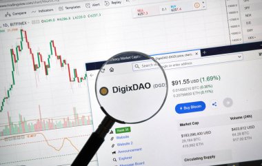 Montreal, Kanada - 8 Eylül 2018: Digixdao altcoin sitesi büyüteç altında. Blockchain şifreleme kullanılarak bağlanan kayıtları artan bir listesidir.