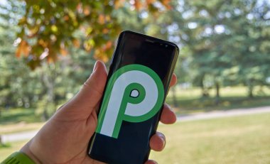Montreal, Kanada - 8 Ağustos 2018: Android P opperating sistemi logosu ekranda bir cep telefonu. Dokuzuncu güncelleştirme ve 16 yorum-in Android işletim sistemi Android pasta olduğunu