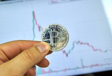 Montreal, Kanada - 8 Eylül 2018: Bitcoin gümüş kripto para birimi para bitcoin grafikte bir masaüstü ekran üzerinde bir elinde tutan bir el.
