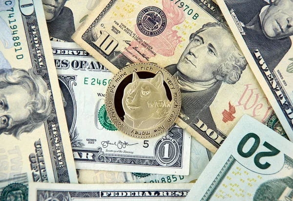 Dogecoin Crypto Νομίσματος Νόμισμα Πάνω Από Αμερικανικά Δολάρια Usd — Φωτογραφία Αρχείου