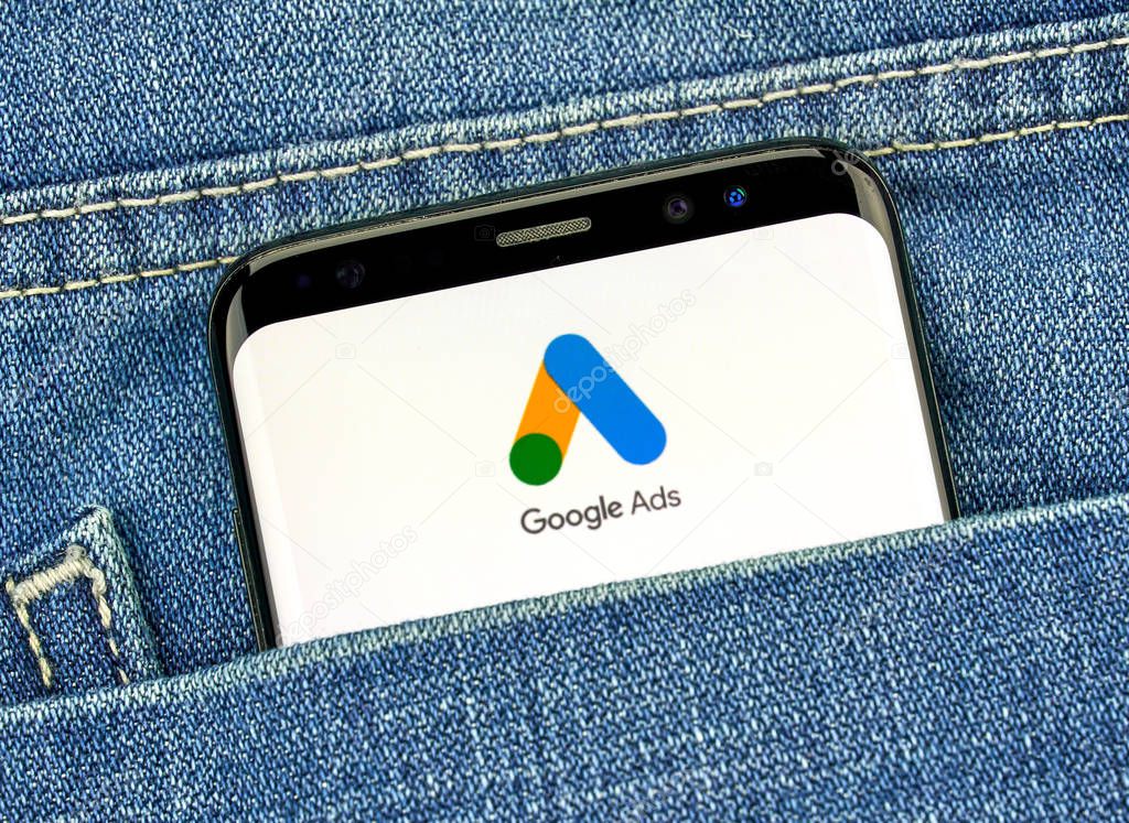MONTREAL, CANADA - SEPTEMBER 30, 2018: Google Ads new logo and app on a Samsung s8 screen. Google Ads, formerly known as Adwords, is an online advertising platform developed by Google