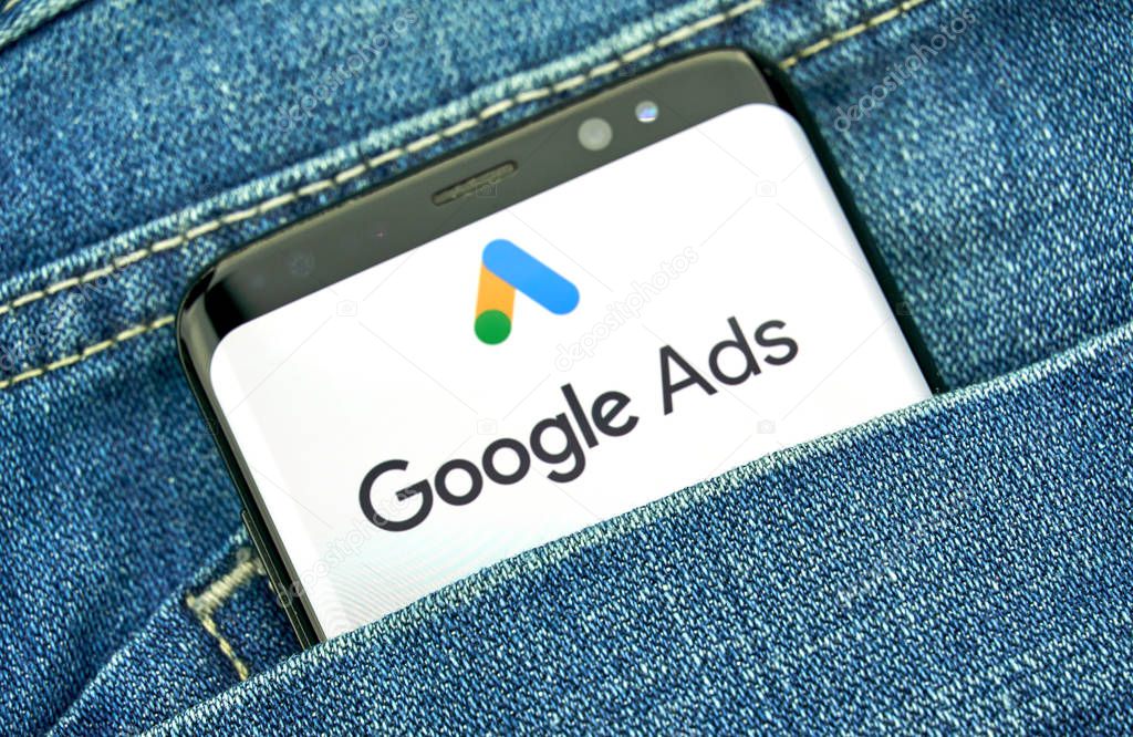 MONTREAL, CANADA - SEPTEMBER 30, 2018: Google Ads new logo and app on a Samsung s8 screen. Google Ads, formerly known as Adwords, is an online advertising platform developed by Google
