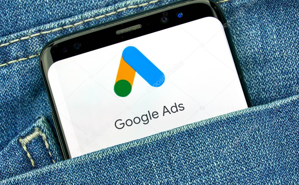 MONTREAL, CANADA - SEPTEMBER 30, 2018: Google Ads new logo and app on a Samsung s8 screen. Google Ads, formerly known as Adwords, is an online advertising platform developed by Google