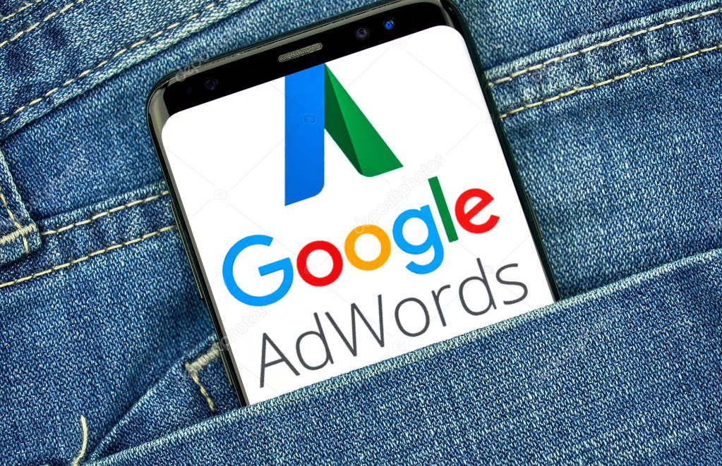 MONTREAL, CANADA - SEPTEMBER 30, 2018: Google Adwords old logo and app on Android cellphone screen. Google Ads, formerly known as Adwords, is an online advertising platform developed by Google