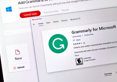 MONTREAL, CANADA - OCTOBER 4, 2018: Grammarly check web application on a PC screen. Grammarly is a popular English-language writing-enhancement software developed by Grammarly Inc. clipart