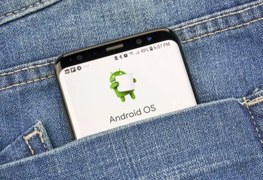 Montreal, Kanada - 4 Ekim 2018: Google Android işletim sistemi logo üstünde s8 perde. Google internet hizmetleri sunar bir Amerikan teknoloji şirketidir.