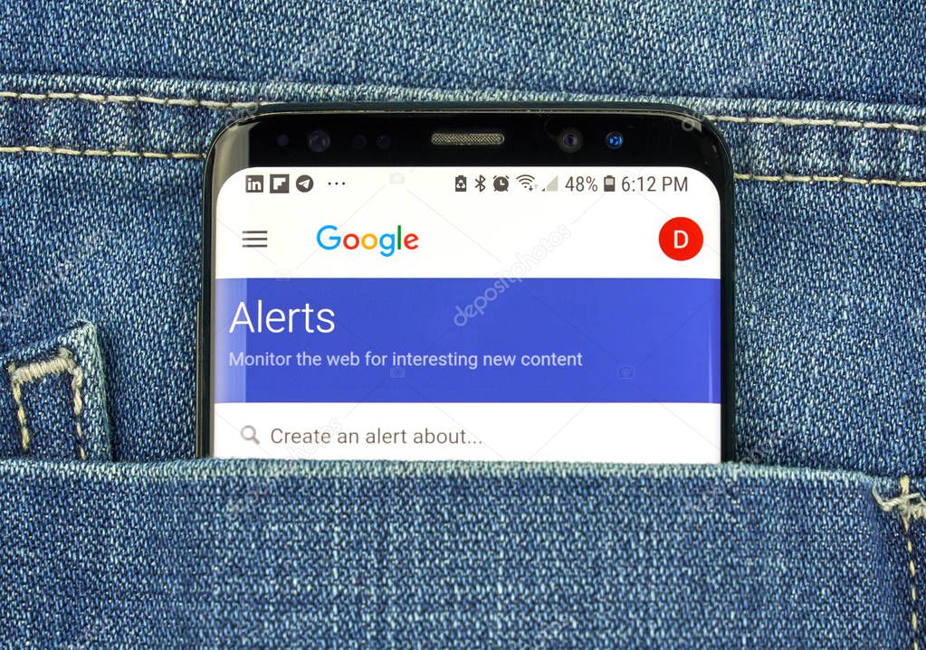 MONTREAL, CANADA - OCTOBER 4, 2018: Google Alerts on s8 screen. Google Alerts is a content change notification service.