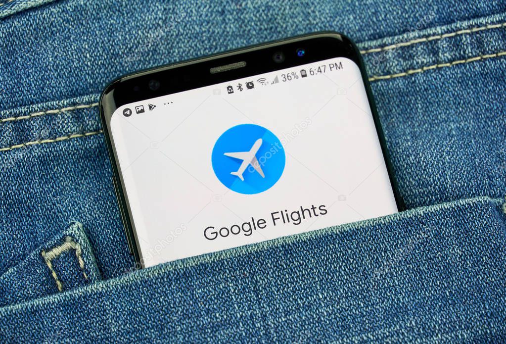 MONTREAL, CANADA - OCTOBER 4, 2018: Google Flights, online flight booking search service on s8 screen. Google is an American technology company which provides a variety of internet services.