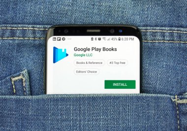 Montreal, Kanada - 4 Ekim 2018: Google oyun kitap app s8 ekranda. Google Kitap Arama oynamak ebooks bir dijital dağıtım hizmetidir.