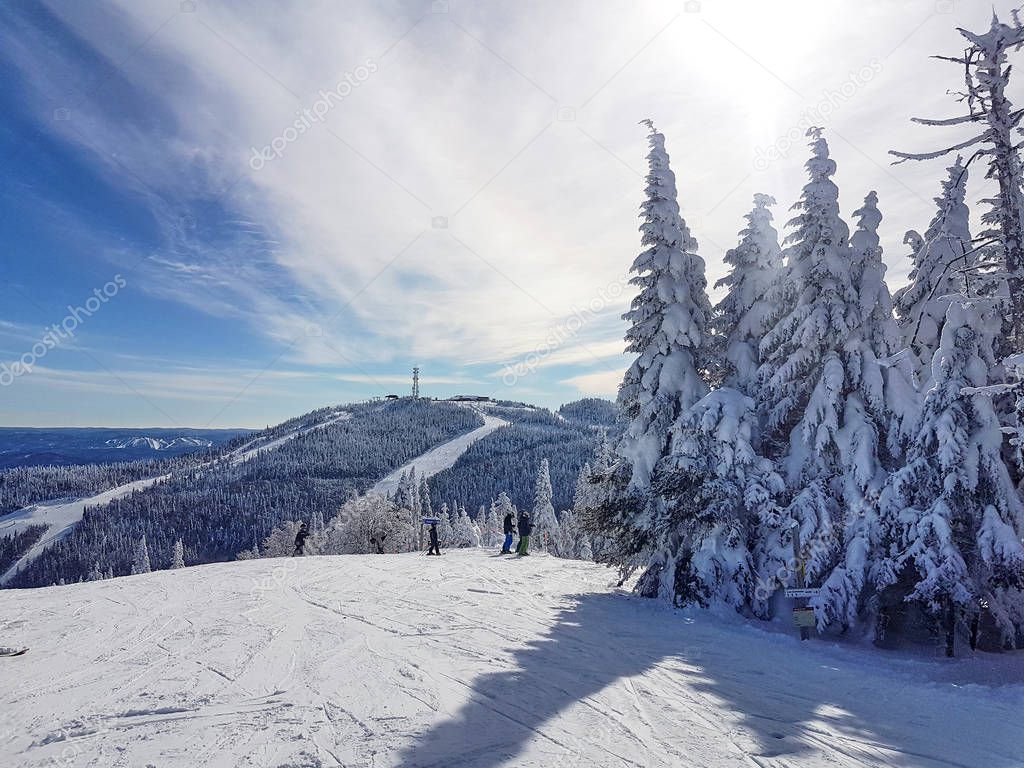 Scenic view of a ski resort Mont-Tremblant in Quebec, Canada on a sunny beautiful day.