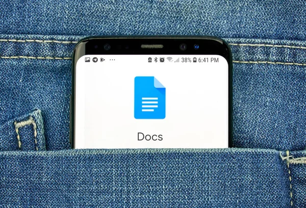 Монреаль Канада Октября 2018 Приложение Google Docs Экране Кармане Синих — стоковое фото