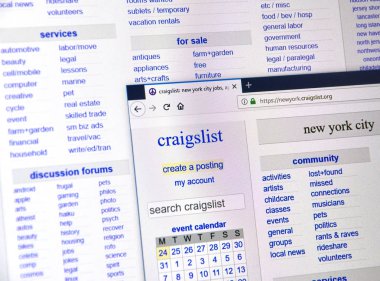 Montreal, Kanada - Aralık, 24 2018: Craigslist Ny giriş sayfası. Craigslist bir Amerikan küçük ilanlar işleri, konut, Satılık, öğeleri istedim, Hizmetleri, toplum listeleri sitesidir.