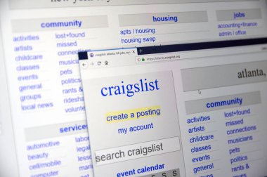 Montreal, Kanada - Aralık, 24 2018: Craigslist Atlanta giriş sayfası. Craigslist bir Amerikan küçük ilanlar işleri, konut, Satılık, öğeleri istedim, Hizmetleri, toplum listeleri sitesidir