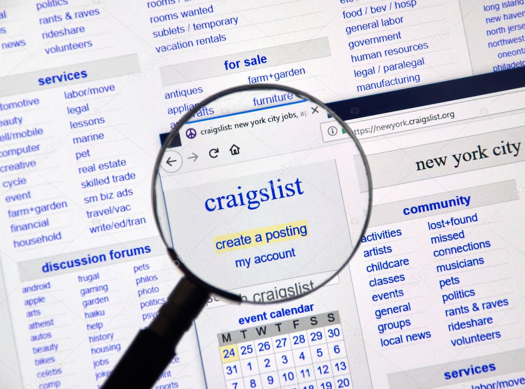 MONTREAL, CANADA - DECEMBER, 24 2018: Craigslist page under magnifying glass. Craigslist is an American classified advertisements website with jobs, housing, sale, services, community listings.