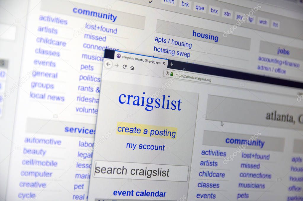 MONTREAL, CANADA - DECEMBER, 24 2018: Craigslist Atlanta home page. Craigslist is an American classified advertisements website with jobs, housing, for sale, items wanted, services, community listings