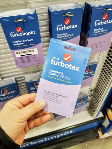 Montreal Kanada Eylül 2018 Turbotax Paket Tutan Bir Turbotax Gibi — Stok fotoğraf