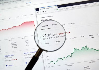 Montreal, Kanada - 10 Ocak 2019: Marcys M hisse senedi ve grafik bir ekran büyüteç altında üzerinde. Macy's Rowland Macy tarafından 1858 yılında kurulan bir Amerikan mağaza zinciri olduğunu
