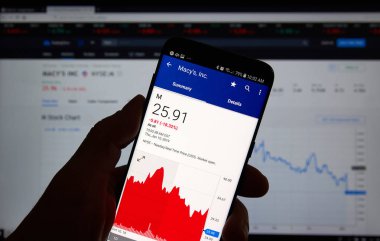 Montreal, Kanada - 10 Ocak 2019: Marcys hisse senedi hisse senedi grafiği üzerinde bir cep telefonu ekranda. Macy's Rowland Macy tarafından 1858 yılında kurulan bir Amerikan mağaza zinciri olduğunu