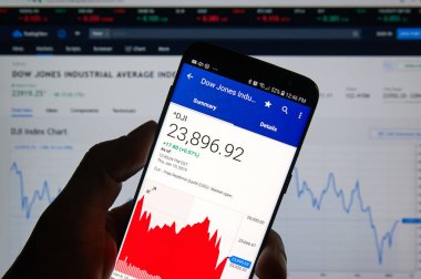 Montreal, Kanada - 10 Ocak 2019: Dow Jones Industrial Average ile DJI indeks işlem dizin grafik. Dow Jones sanayi endeksi, bu 30 büyük Amerikan şirketlerinin değeri gösterir bir borsa endeksi.