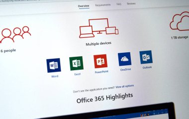 Montreal, Kanada - 10 Ocak 2019: Microsoft Office 365 simgeleri ekranda. Office 365 marka Microsoft office yazılımı ve hizmetleri için abonelikleri bir grup için kullandığı addır.