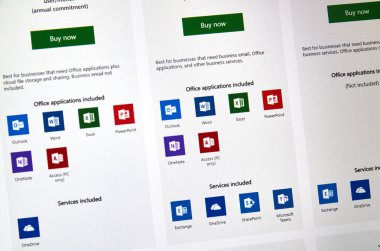 Montreal, Kanada - 10 Ocak 2019: Microsoft Office 365 simgeleri ekranda. Office 365 marka Microsoft office yazılımı ve hizmetleri için abonelikleri bir grup için kullandığı addır.