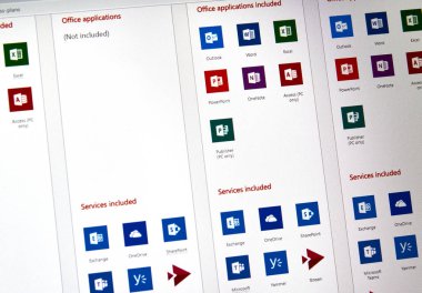 Montreal, Kanada - 10 Ocak 2019: Microsoft Office 365 simgeleri ekranda. Office 365 marka Microsoft office yazılımı ve hizmetleri için abonelikleri bir grup için kullandığı addır.