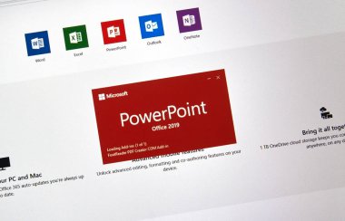 Montreal, Kanada - 10 Ocak 2019: Microsoft Powerpoint 2019. Microsoft Office 2019 Microsoft Office, bir üretkenlik paketi, sonraki Office 2016 yeni sürümüdür