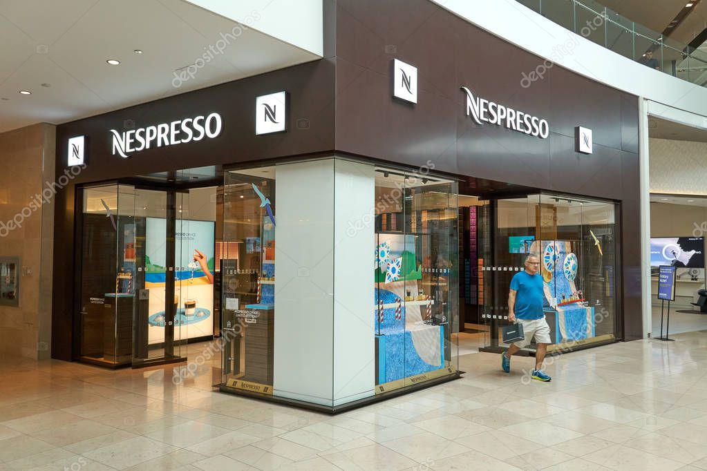 TORONTO, CANADA - AUGUST 26, 2018: Nespresso boutique in Toronto. Nespresso, is an operating unit of the Nestle Group, based in Switzerland well known for its coffee equipment.
