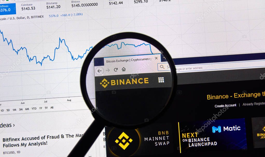 MONTREAL, CANADA - APRIL 26, 2019: Binance cryptocurrency digital assets exchange logo and home page on a laptop screen under magnifying glass.