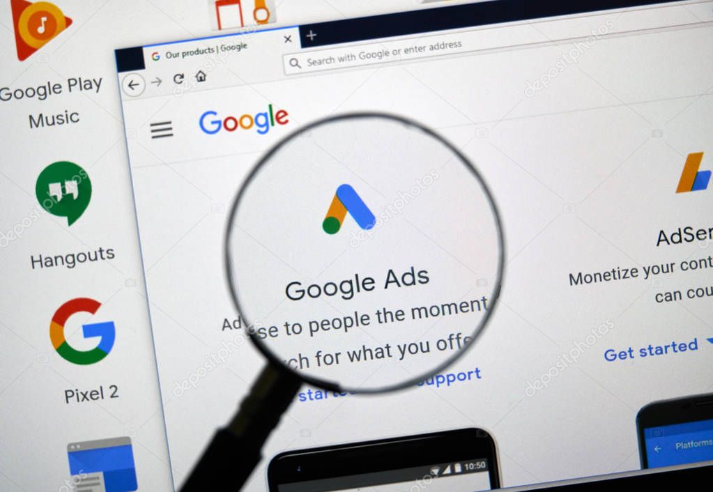 MONTREAL, CANADA - APRIL 26, 2019: Google Ads logo and app on a home page. Google is an American multinational technology company that specializes on Internet services and products.