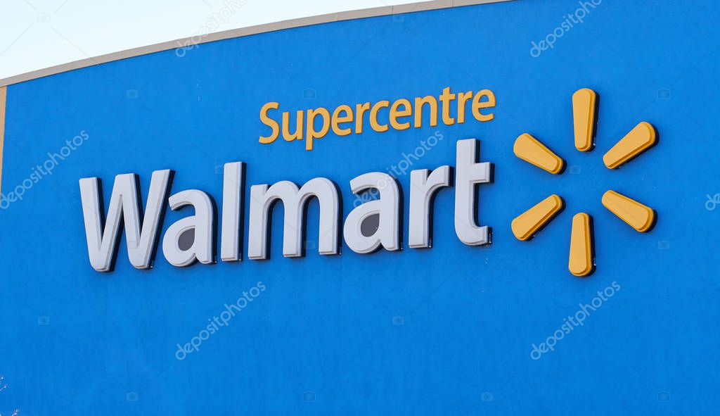 MONTREAL, CANADA - APRIL 30, 2019: Walmart store front and logo. Walmart is an American multinational retail corporation which operates a chain of hypermarkets.