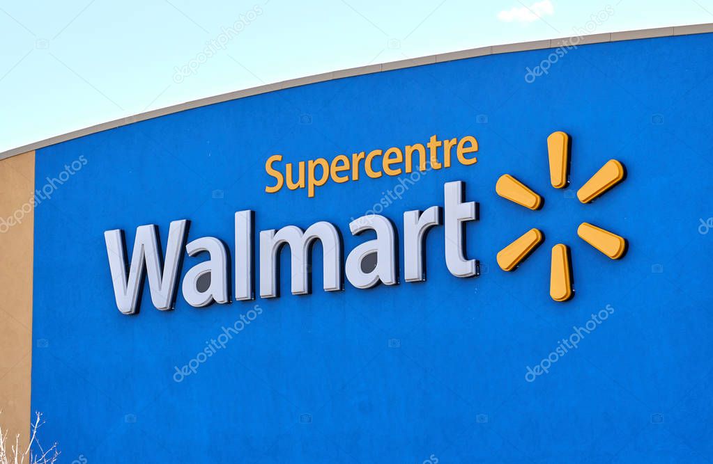 MONTREAL, CANADA - APRIL 30, 2019: Walmart store front and logo. Walmart is an American multinational retail corporation which operates a chain of hypermarkets.