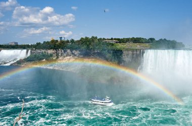 Niagara Falls, Canada - July 27, 2019: Niagara Falls and rainbow in summer on a clear sunny day, view from Canadian side. Niagara Falls, Ontario, Canada. Niagara Falls is a group of three waterfalls