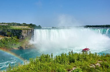 Niagara Falls, Canada - July 27, 2019: Niagara Falls and rainbow in summer on a clear sunny day, view from Canadian side. Niagara Falls, Ontario, Canada. Niagara Falls is a group of three waterfalls