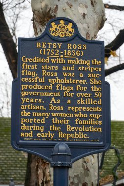 Philadelphia, ABD - 14 Aralık 2019: Betsy Ross Evi 'nde anma plaketi. İlk Amerikan Bayrağını diktiği söylenen bayrak yapımcısı Betsy Ross 'un yaşadığı yer.