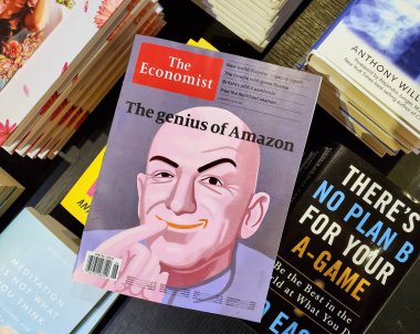 Montreal, Kanada - 30 Haziran 2020: Amazon 'un dehası ve Jeff Bezos' un Ekonomist gazetedeki Dr. Evil rolündeki resmi.