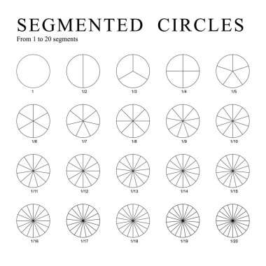 Beyaz bir arka plan üzerinde yalıtılmış siyah parçalı daireler. 1'den 20'ye kadar bölümlere ayrılmış yirmi daireden oluşan bir küme. Vektör.