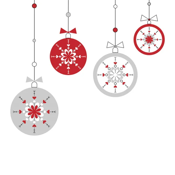 Beyaz arka planda düz tarzda Noel topları ve kar taneleri. Metin için yer ile Yeni Yıl kartı. Vecor.