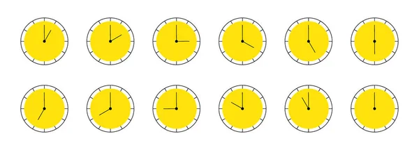 Beyaz arka planda yalıtılmış sarı saat simgeleri kümesi. 1 ila 12 saat arasında bir süre ile çevirir. Vektör.